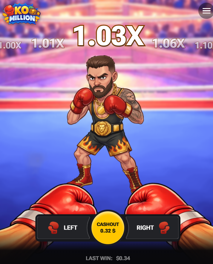KO Million على الجوال مع أزرار Left و Right و Cashout