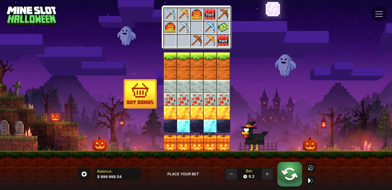 واجهة Mine Slot Halloween بأعمدة الكتل وأدوات التعدين وزر Buy Bonus