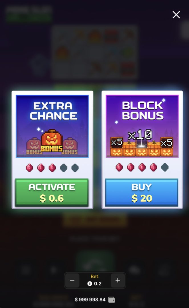 خيارات Extra Chance وBlock Bonus في Mine Slot Halloween على الجوال بشكل عمودي