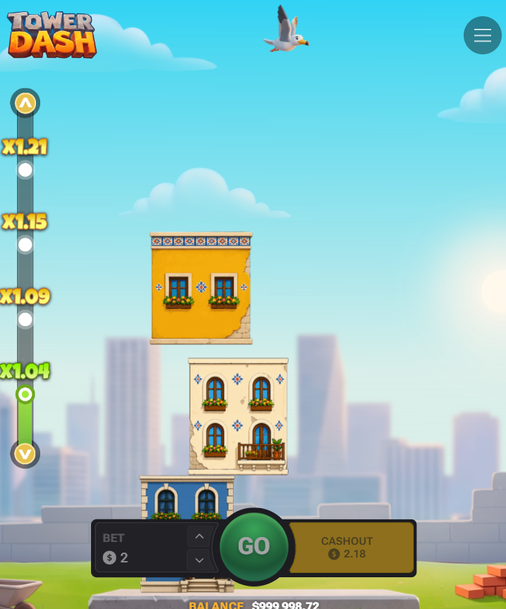 Tower Dash على الجوال بتنسيق عمودي مع زري Go و Cashout