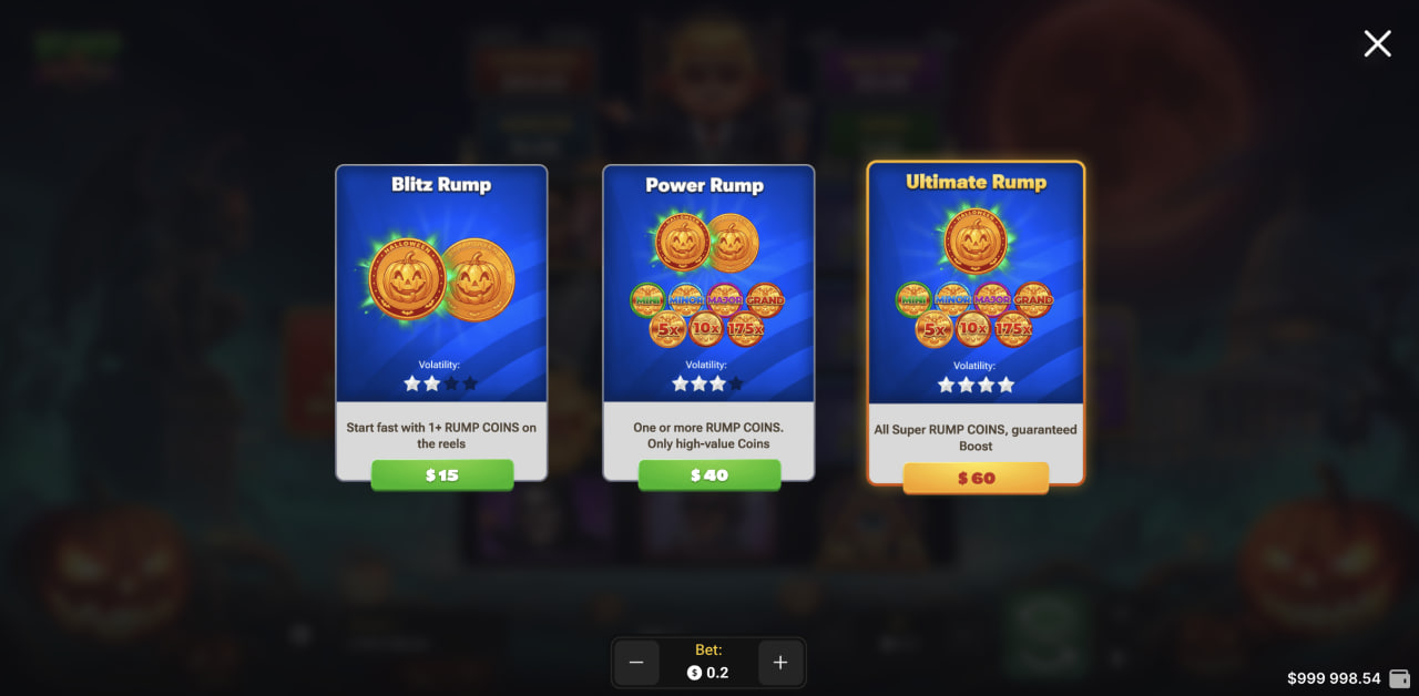 نافذة Buy Bonus في Rump And Halloween بخيارات Blitz Rump وPower Rump وUltimate Rump