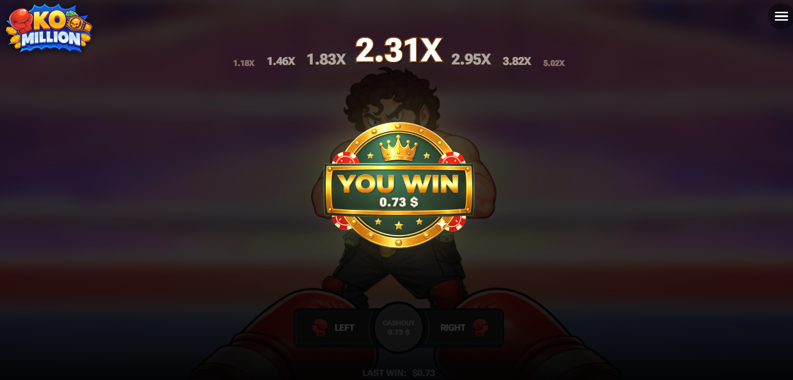 شاشة You Win في KO Million بعد الجمع عند مضاعف 2.31x