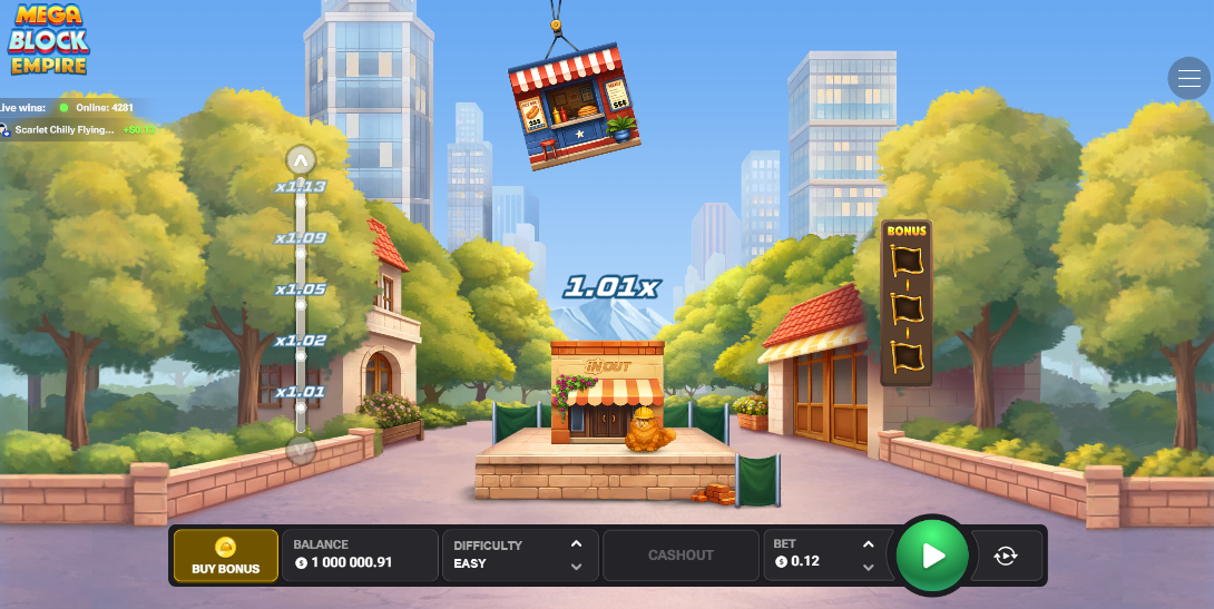 واجهة MegaBlock Empire تظهر الرافعة والكتلة والمضاعف الحالي