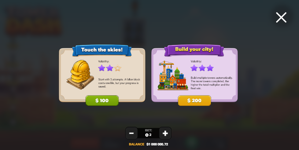 خياري شراء المكافأة في Tower Dash وهما Touch the skies و Build your city