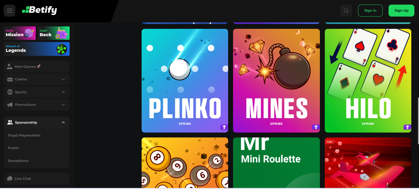 قسم الألعاب المصغرة في كازينو Betify مع ألعاب Plinko و Mines و Hilo