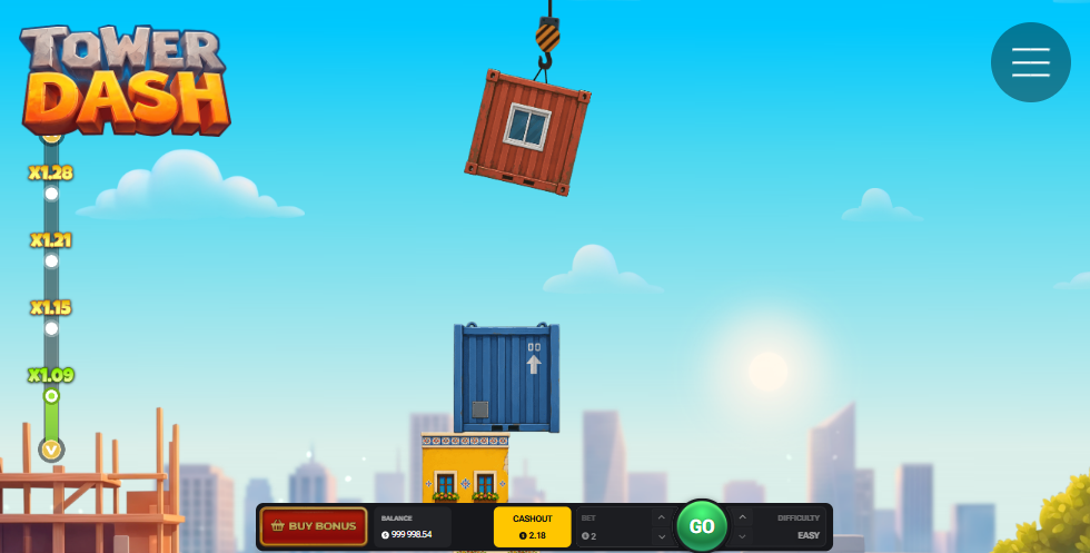 واجهة Tower Dash مع الرافعة والحاوية فوق المنصة