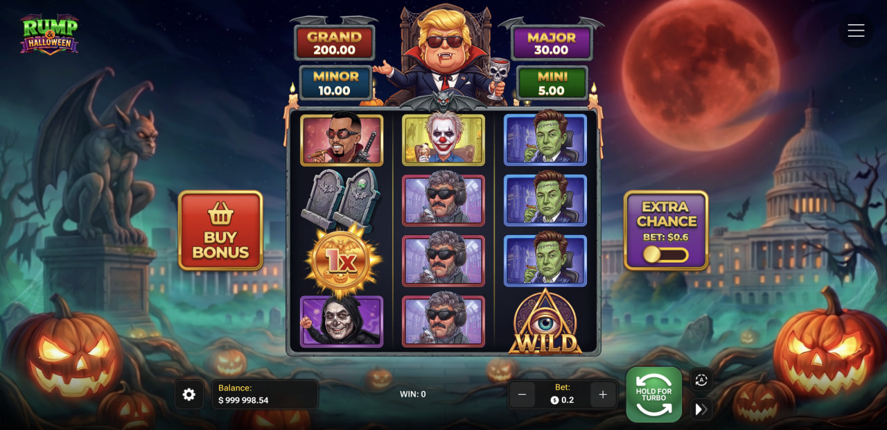 واجهة Rump And Halloween مع الجاكبوتات Mini وMinor وMajor وGrand وأزرار Buy Bonus وExtra Chance