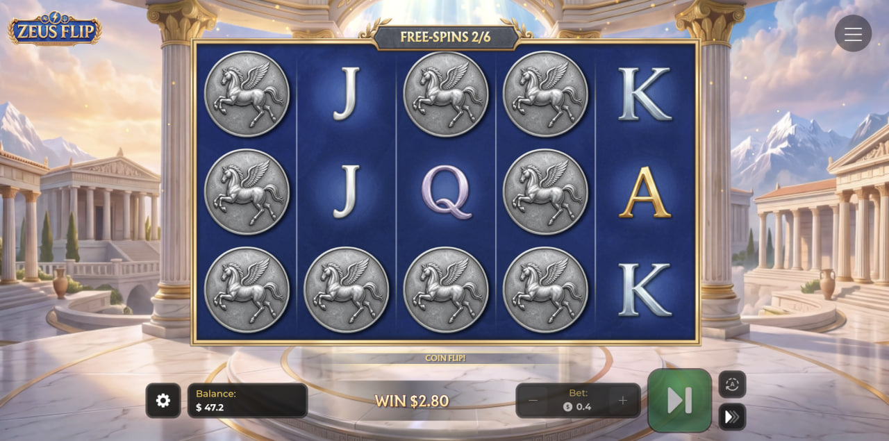 عملات بيغاسوس الفضية على بكرات Zeus Flip خلال جولة Free Spins مع Coin Flip